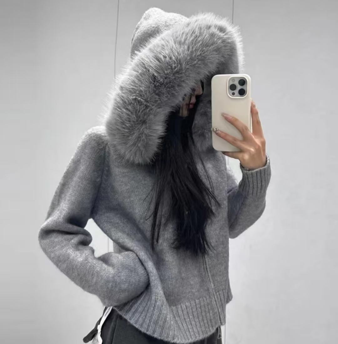 毛毛领连帽双拉链毛衣外套女秋冬韩系慵懒风针织开衫上衣8803