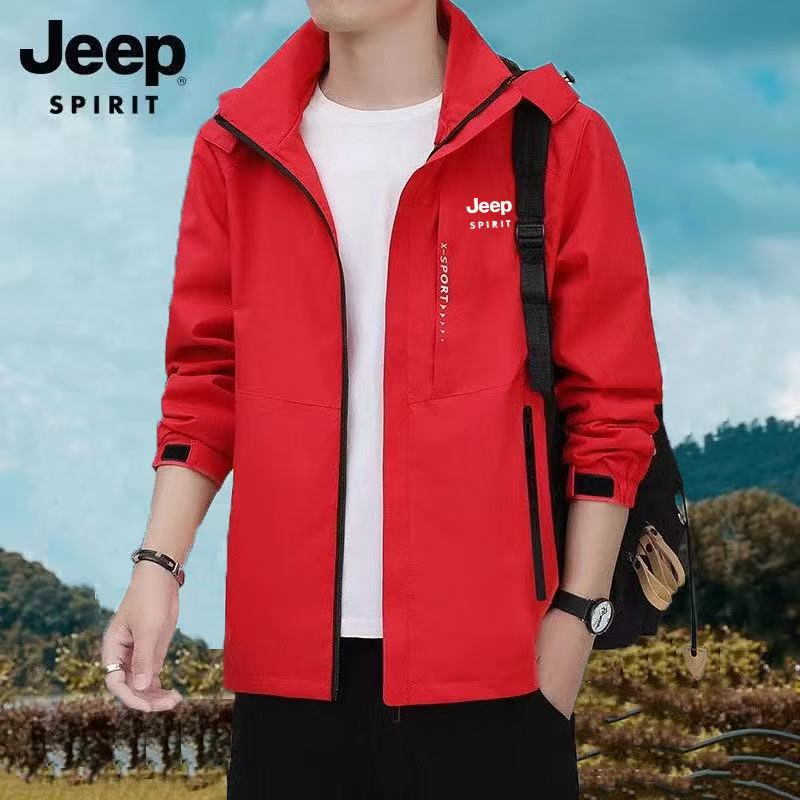 JEEPSPIRIT男士春秋登山冲锋衣薄款可脱卸帽夹克运动户外休闲外套