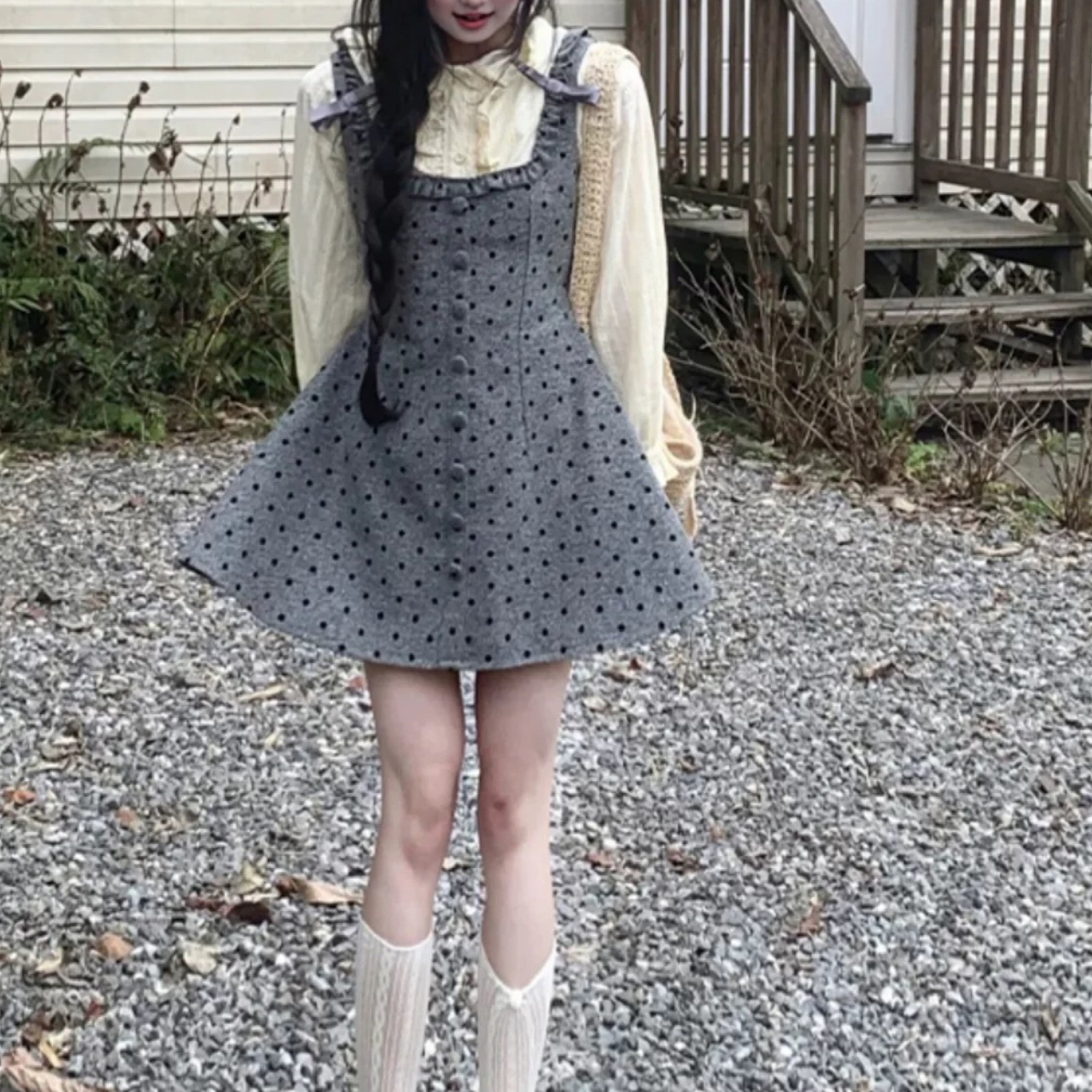 法式复古波点吊带连衣裙女秋冬拼接小个子气质显瘦连衣裙时尚百搭
