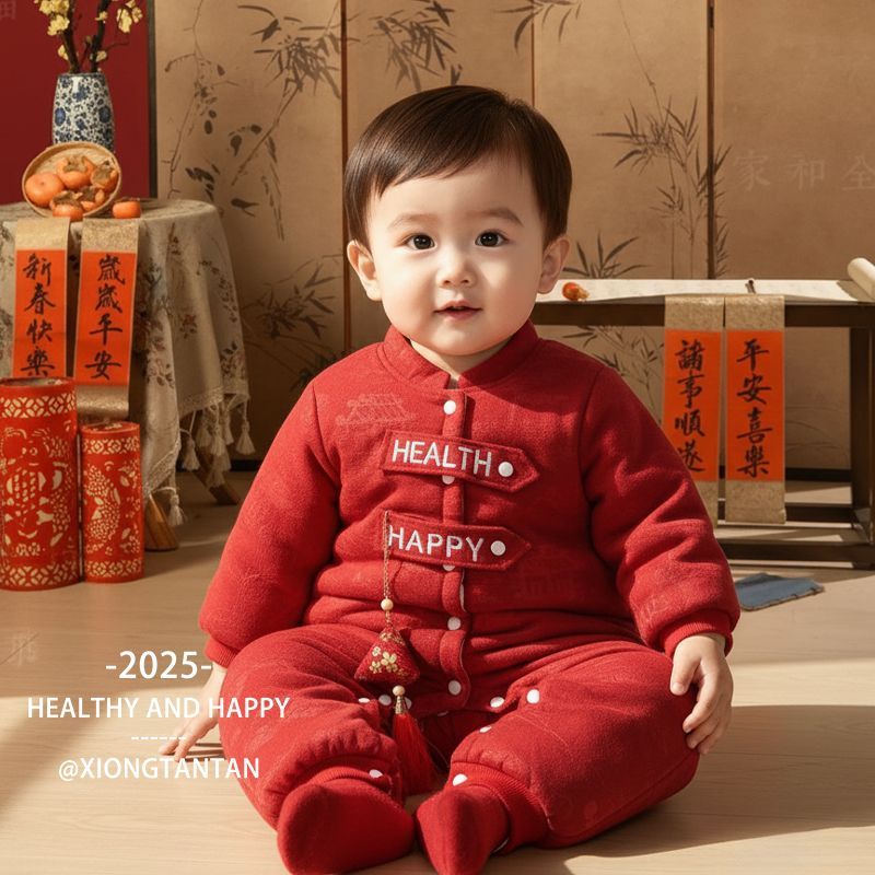 周岁婴幼儿礼服宝宝喜庆连体衣婴儿加绒满月百天衣服中式哈衣爬服