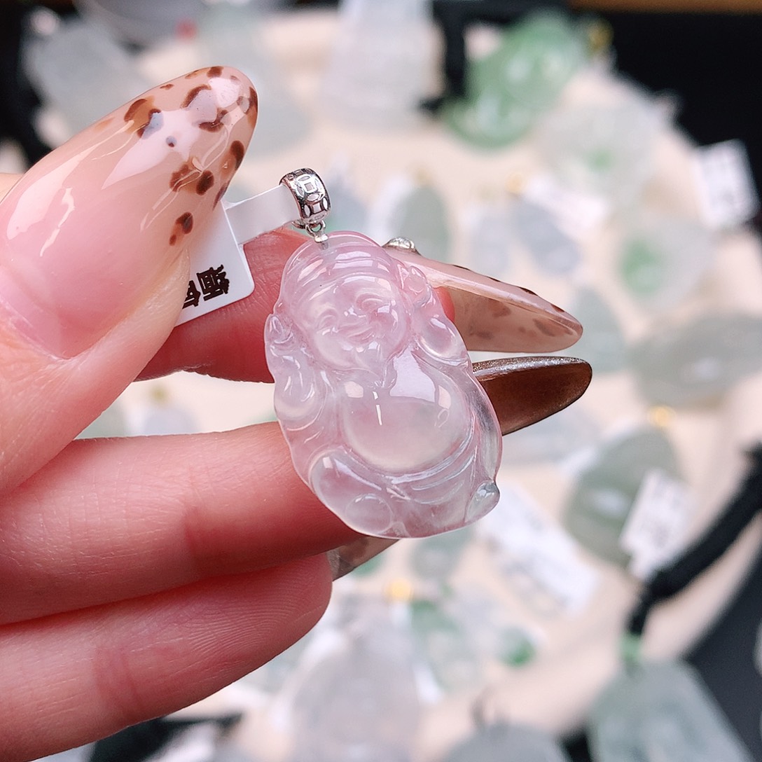 翡翠颈饰18K金镶嵌飘花财神30.7、25、16、3.6