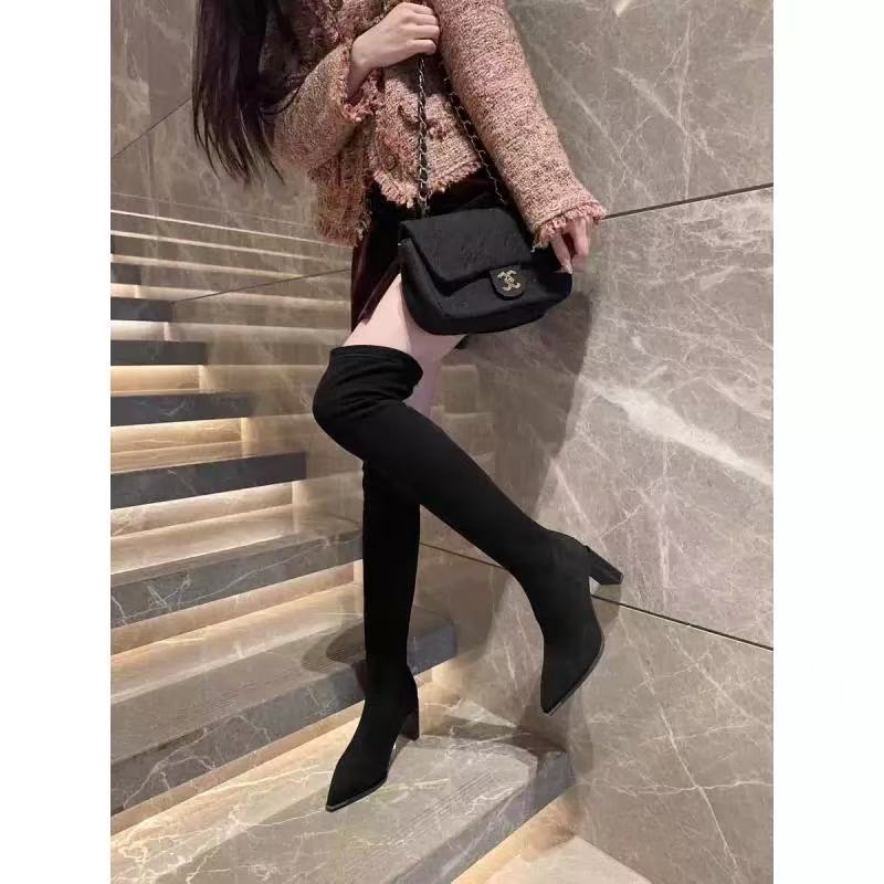W035110秋冬款过膝靴女弹力瘦瘦靴不掉筒尖头高跟高筒薄绒