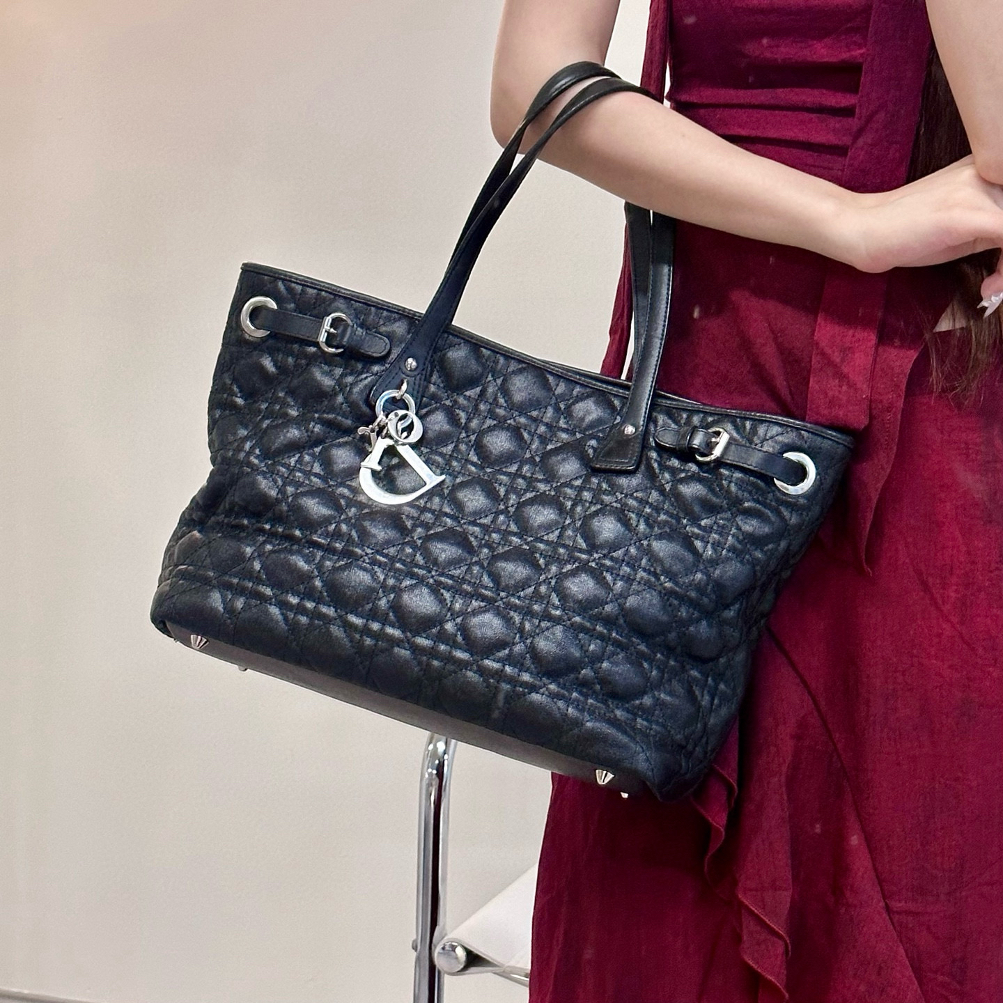 95新 DIOR/迪奥 dior 黑银戴妃托特单肩包