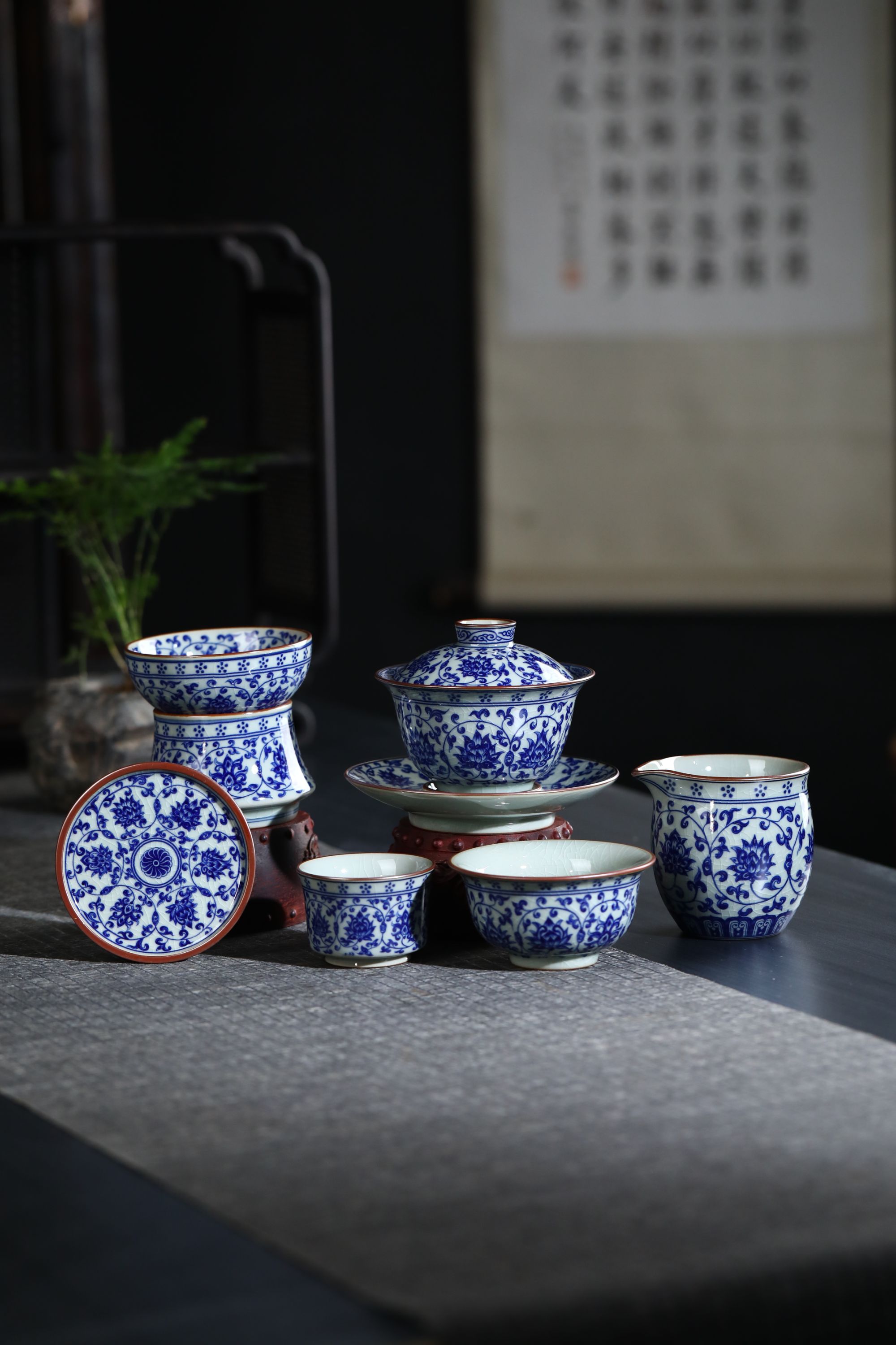 景德镇釉下青花缠枝莲老陶泥开片公道盖碗茶漏主人杯6件套