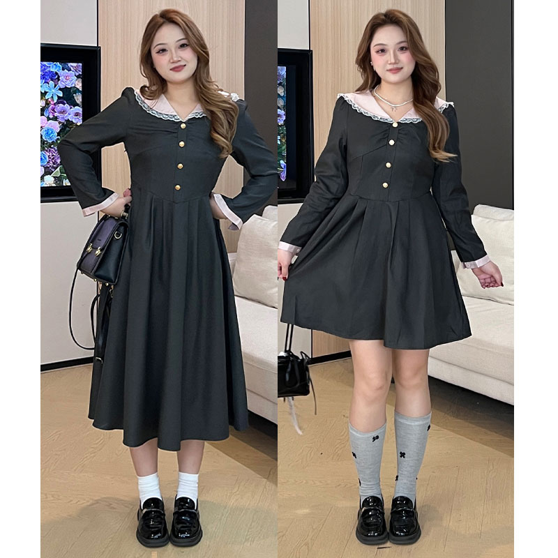 （现现款）小桃微胖定制【W1391】时尚赫本风海军领收腰显瘦连衣裙
