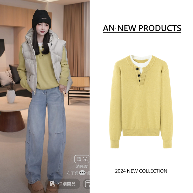 B11273冬季新款时尚设计感三粒扣装饰拼色假两件套头针织毛衣