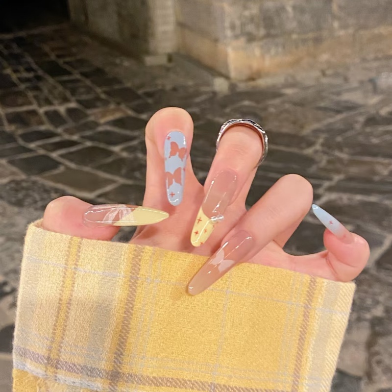 嘻嘻镂空心动狙击蝴蝶花园中长款手工美甲贴片彩色穿戴甲