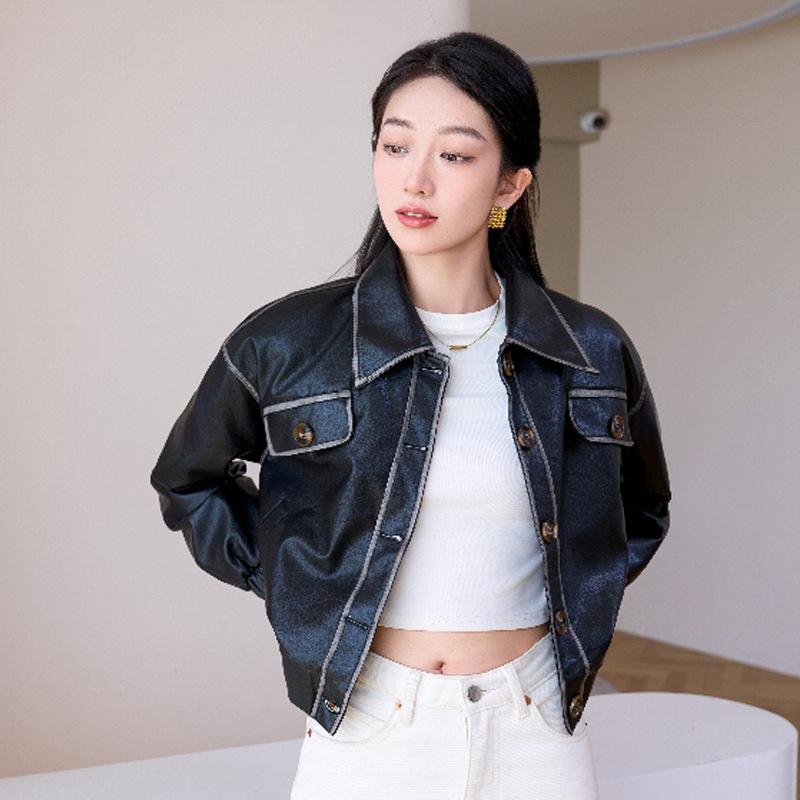 2025海宁羊皮秋冬复古擦色做旧真皮皮衣女短款机车翻领休闲皮外套