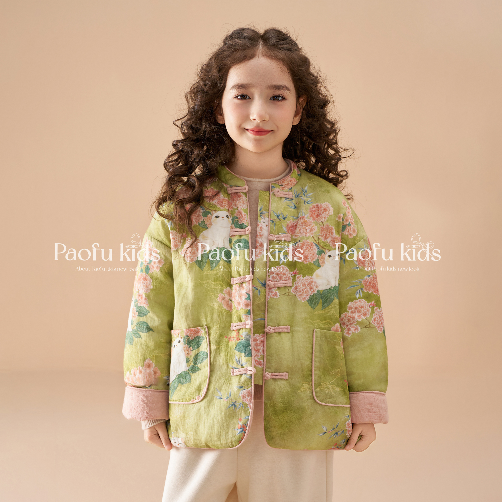 【三星安心绒】灵猫【100%苎麻 】两面穿女童90白鸭羽绒外套 PF51103