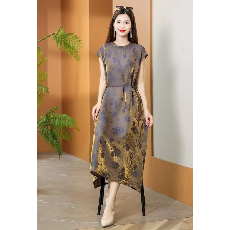 浮光织花  时尚轻奢亲肤透气中长款连衣裙条纹气质显瘦