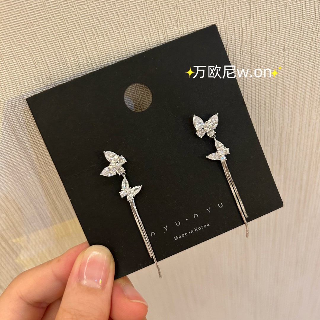 925银合成锆石耳饰 CHANGE X 白茶蝴蝶流苏耳环自带仙气 弧E822