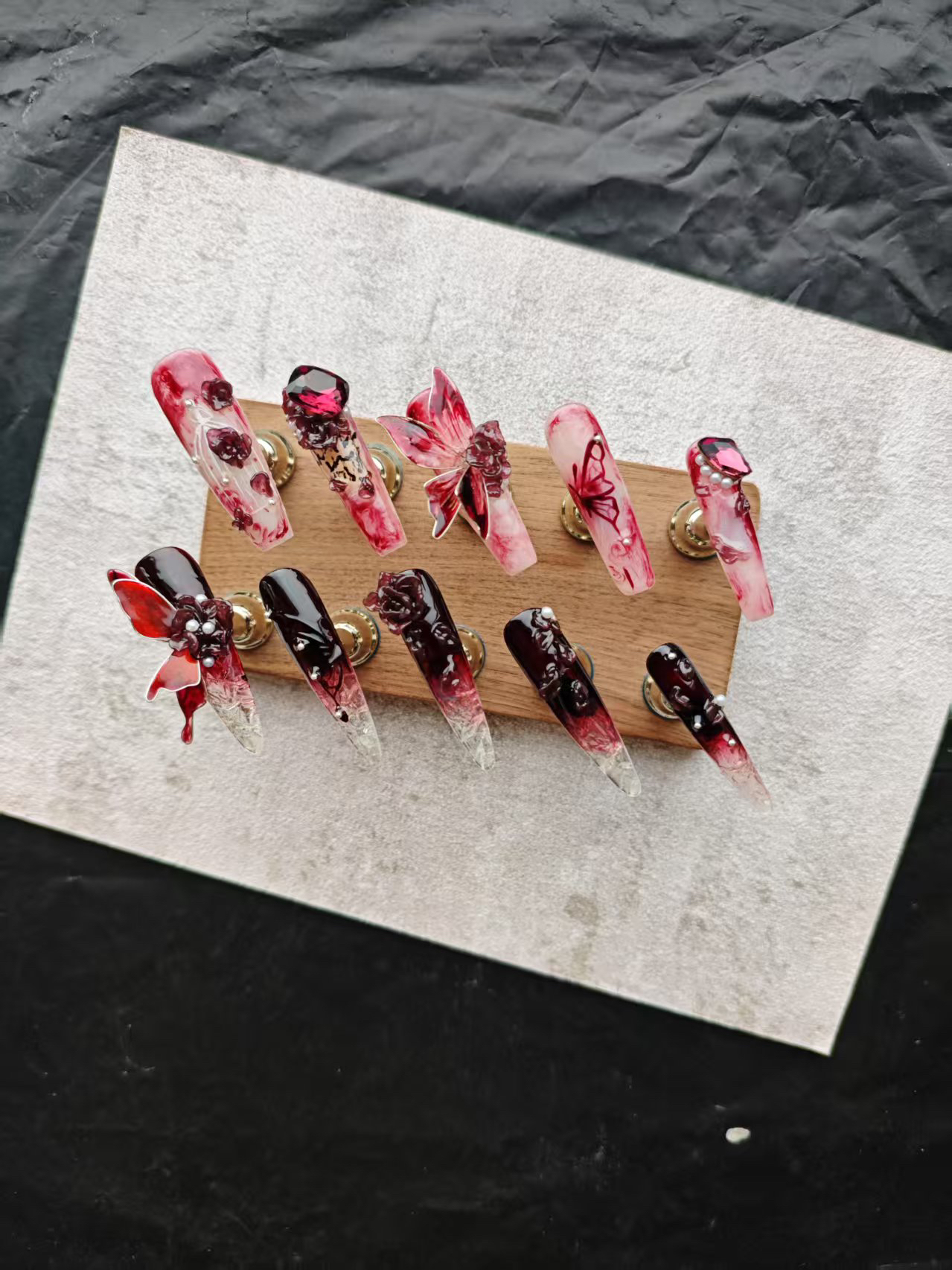 赤华-纯手工定制手工AB款掐丝蝴蝶雕花手绘满钻晕染国风穿戴甲