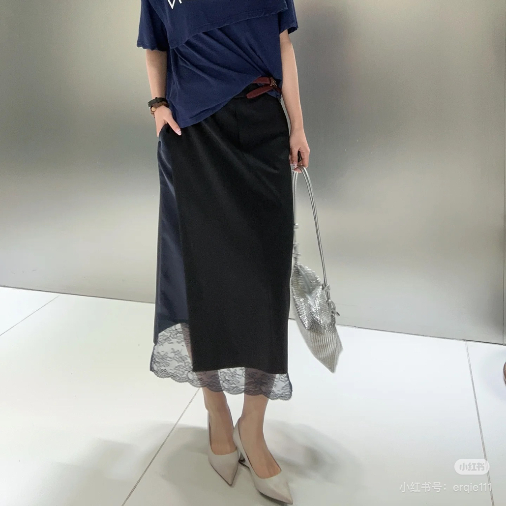 PUSHBUTTON 25新款蕾丝边A字直筒中裙