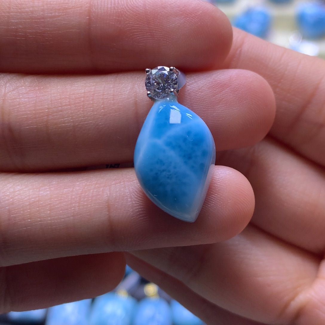 针钠钙石（海纹石）银S925镶嵌吊坠(不含链)叶子吊坠色差略异