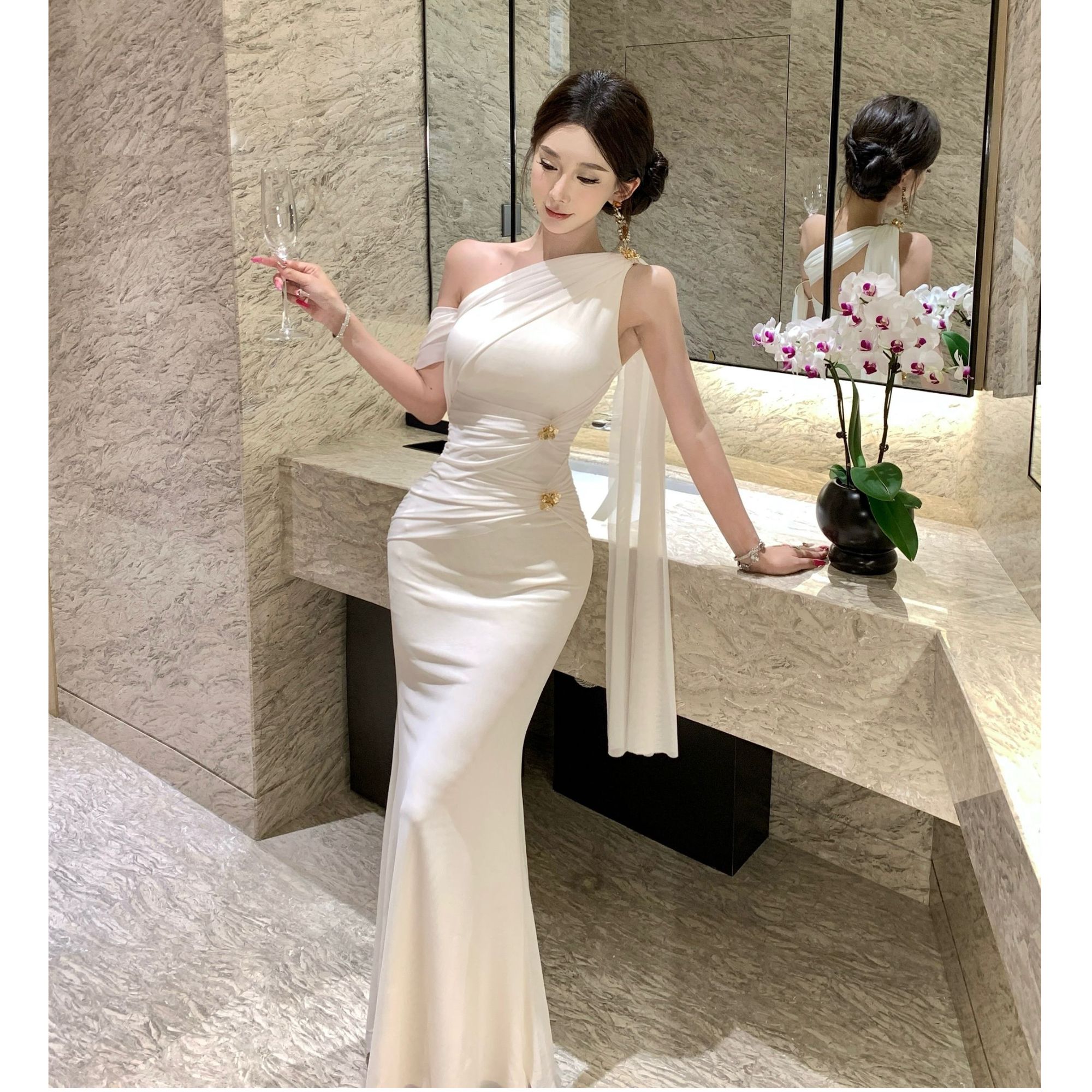 h4/M085 0919 法式露肩抹胸连衣裙修身鱼尾生日礼服裙包臀长裙女