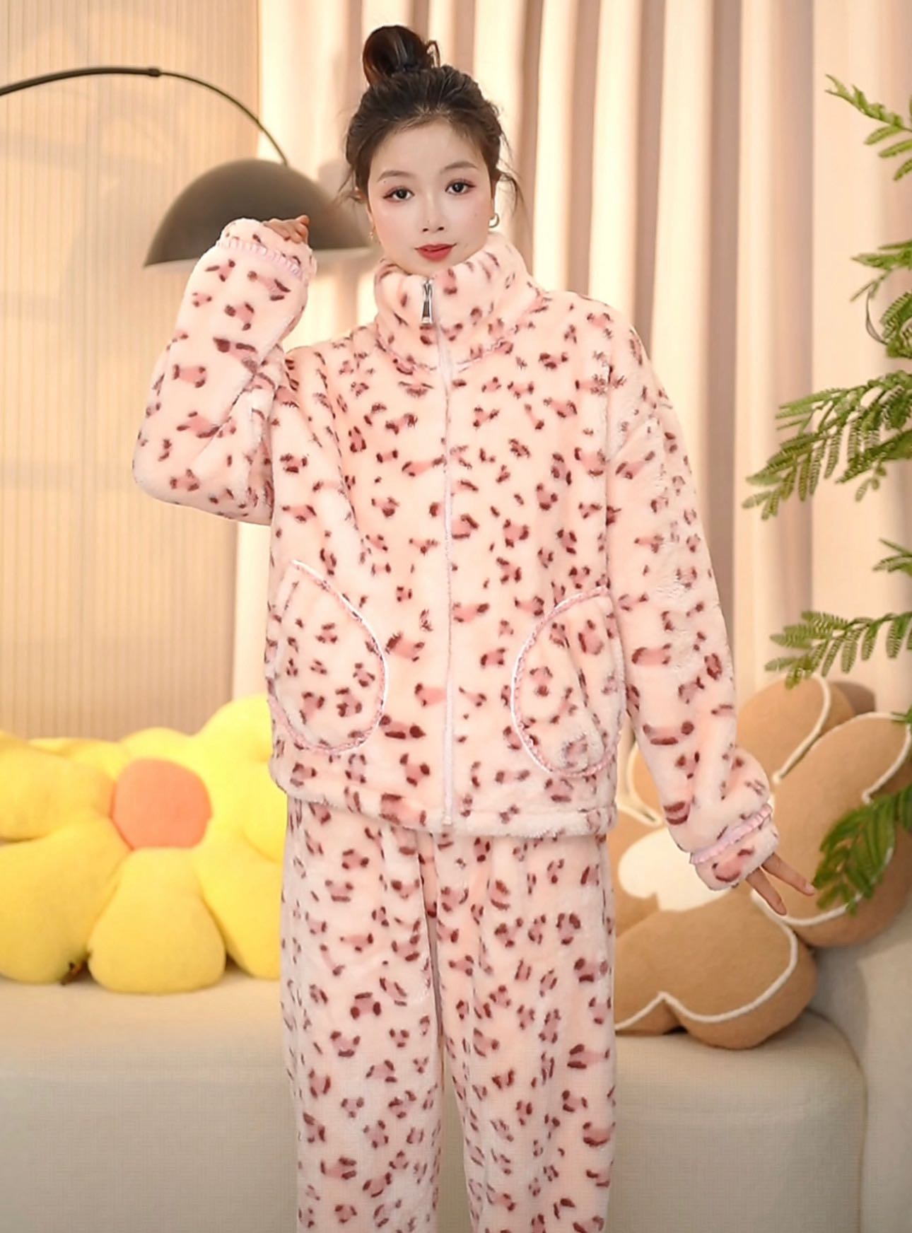 法式立领定制冬季双层加厚加绒豹纹睡衣家居服套装粉色网红保暖