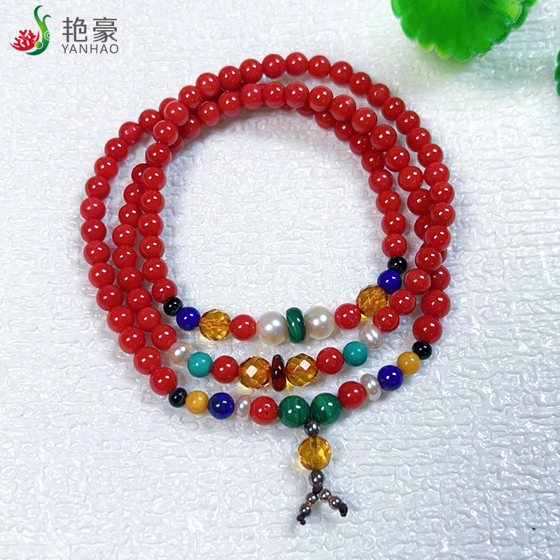渼艳豪天然珊瑚手串红色沙丁圆珠百搭珊瑚手链民族风珠宝首饰礼物