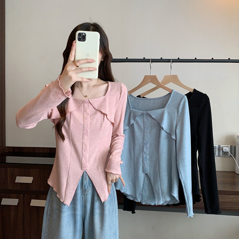 2025春装新款胖mm大码女甜美气质显瘦设计感方领不规则长袖上衣服