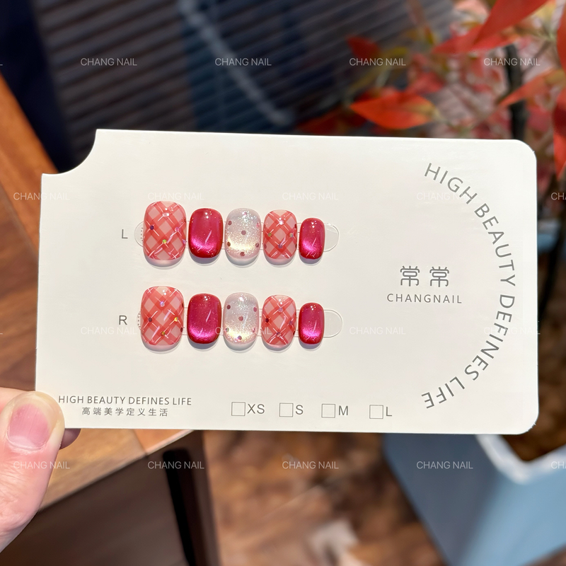 莓果酸奶糖-Berry Candy-纯手工穿戴甲亮色显白甜心格纹 10片装