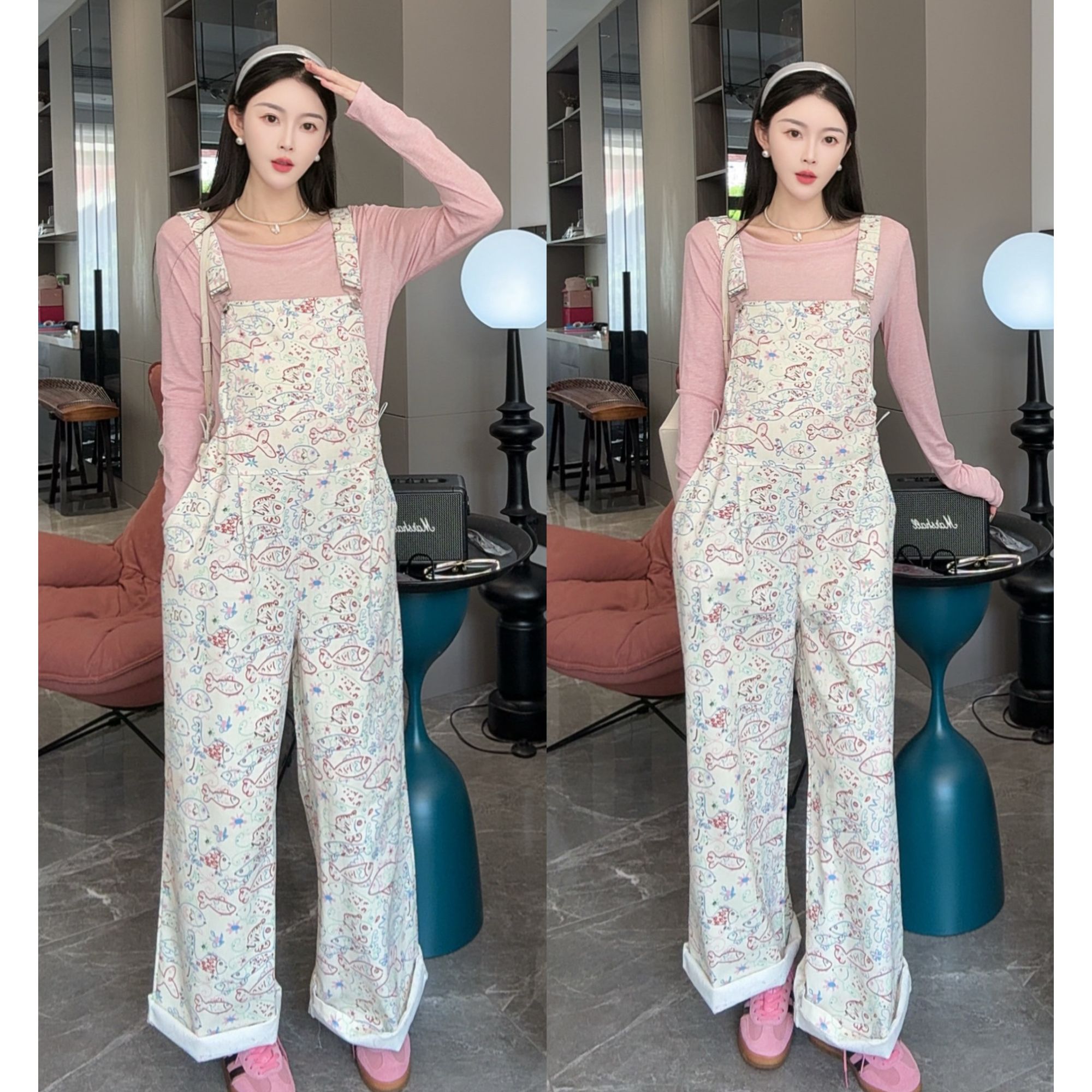 2025年时尚花色孕妇背带裤子女好看涂鸦小鱼背带裤孕妇时尚裤子女