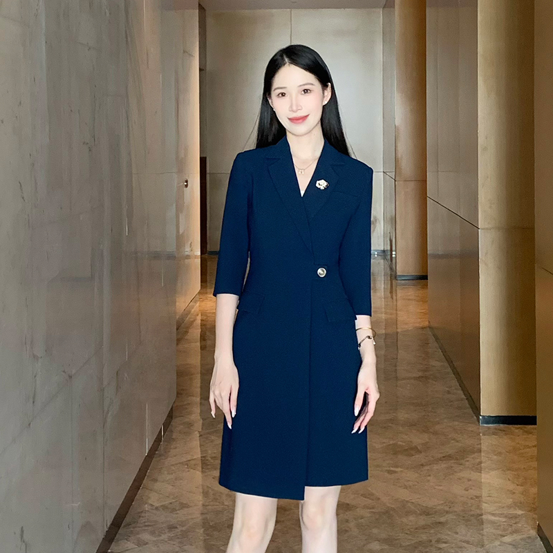 藏青高级感职业装连衣裙女夏季短袖西装工作服气质收腰正装裙子