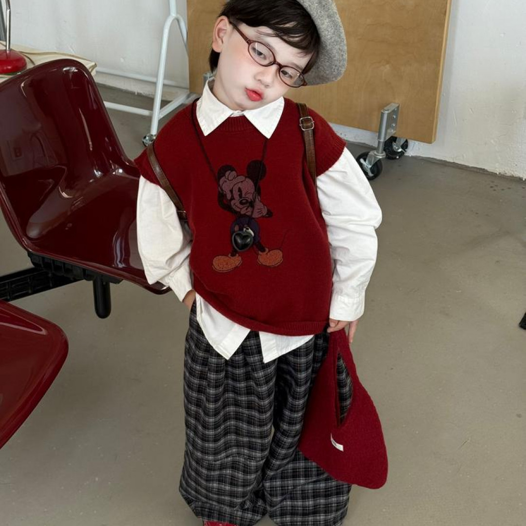 儿童2025秋款新款卡通线衣马甲套装宝宝韩版衬衫洋气格子裤三件套