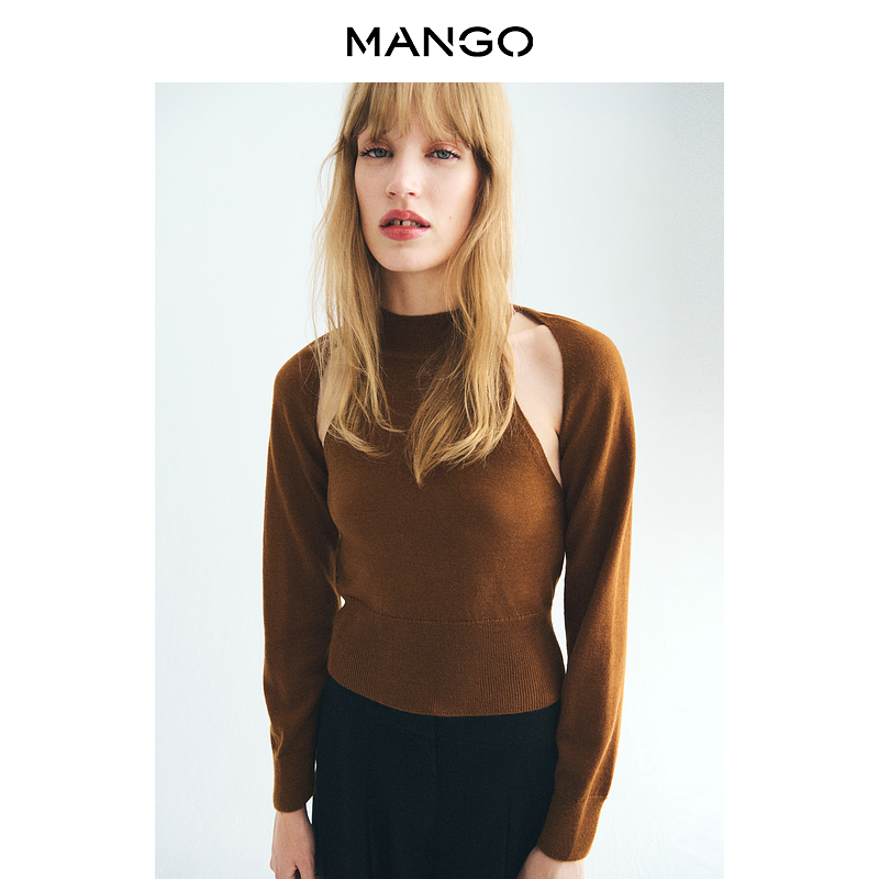 MANGO女装毛针织衫2025秋装新款小众设计感修身露肩圆领毛针织衫