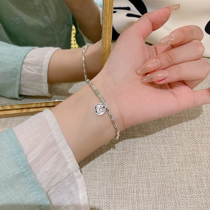 合金手链 中式爆款竹节手链女串珠手串高级设计感福字吊坠手饰品