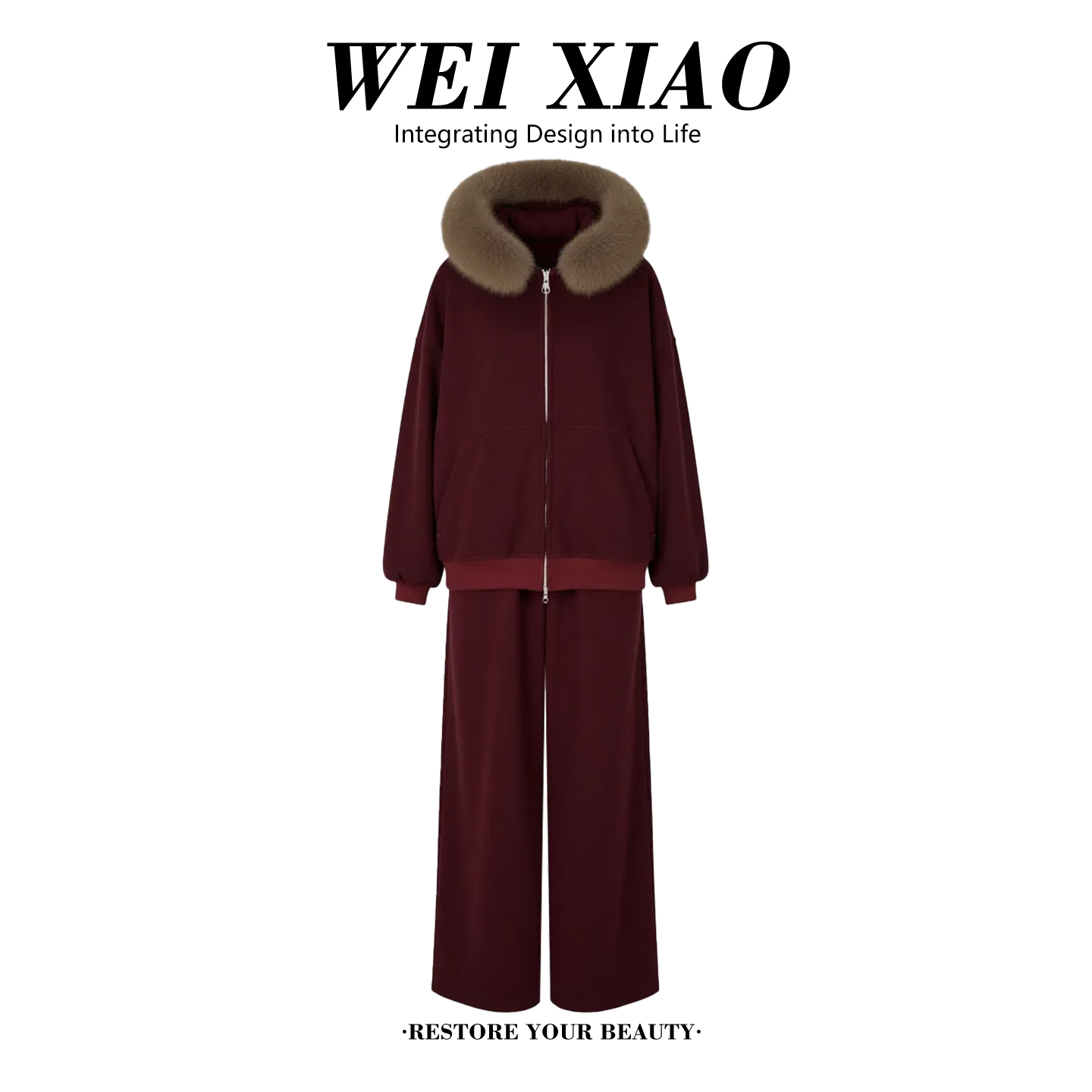 高级感慵懒风毛领连帽卫衣卫裤时尚套装女秋冬加绒加厚气质两件套