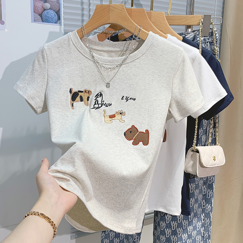 Gunnai·2025夏季新款趣味小狗重工刺绣设计感圆领百搭短袖上衣