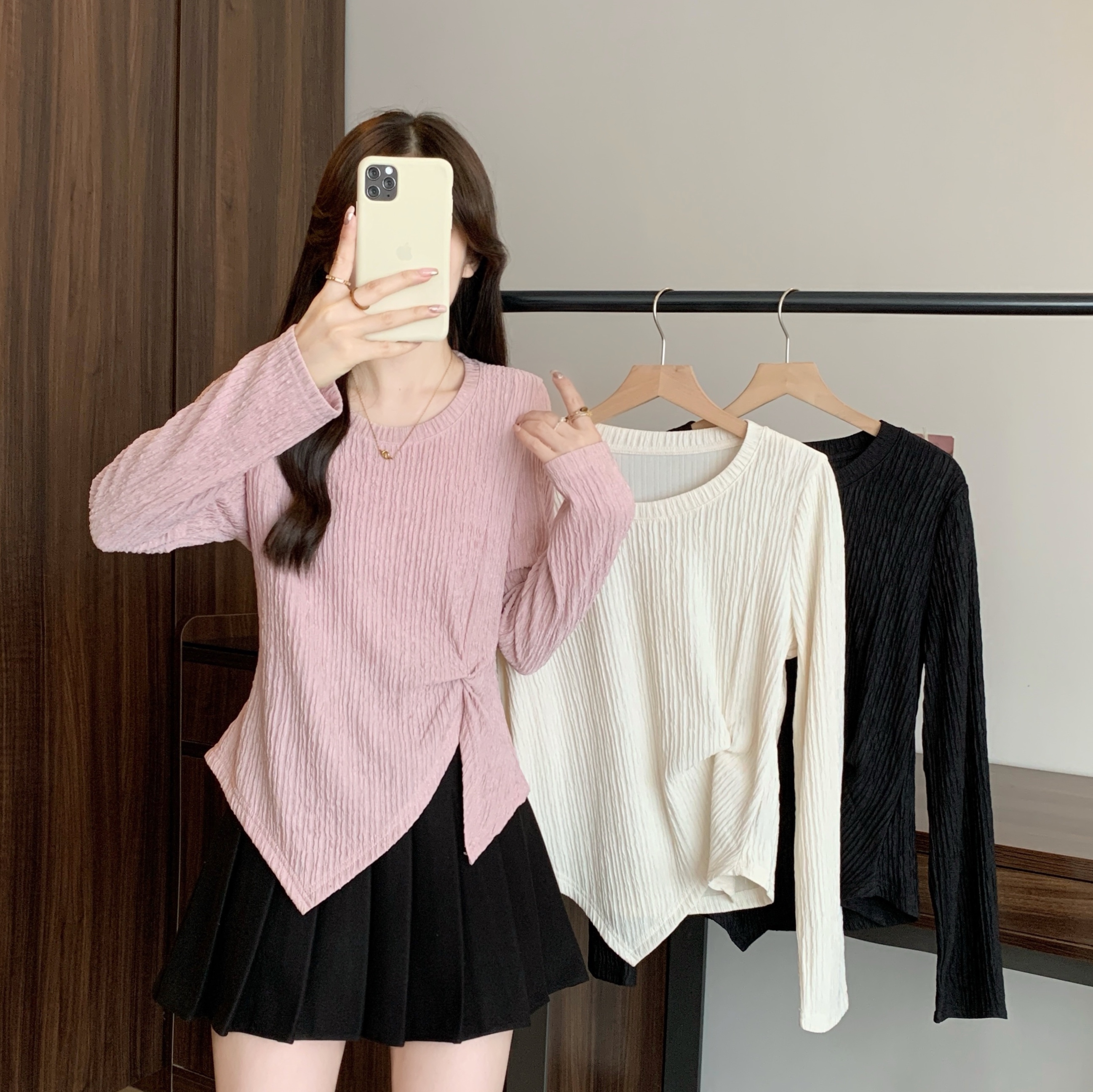 2025秋季新款胖mm大码设计感长袖T恤不规则收腰正肩打底上衣