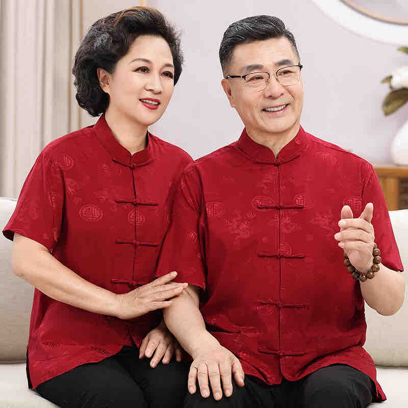 短袖夏季唐装老年人生日寿宴服装中国风老年人男士男装薄款