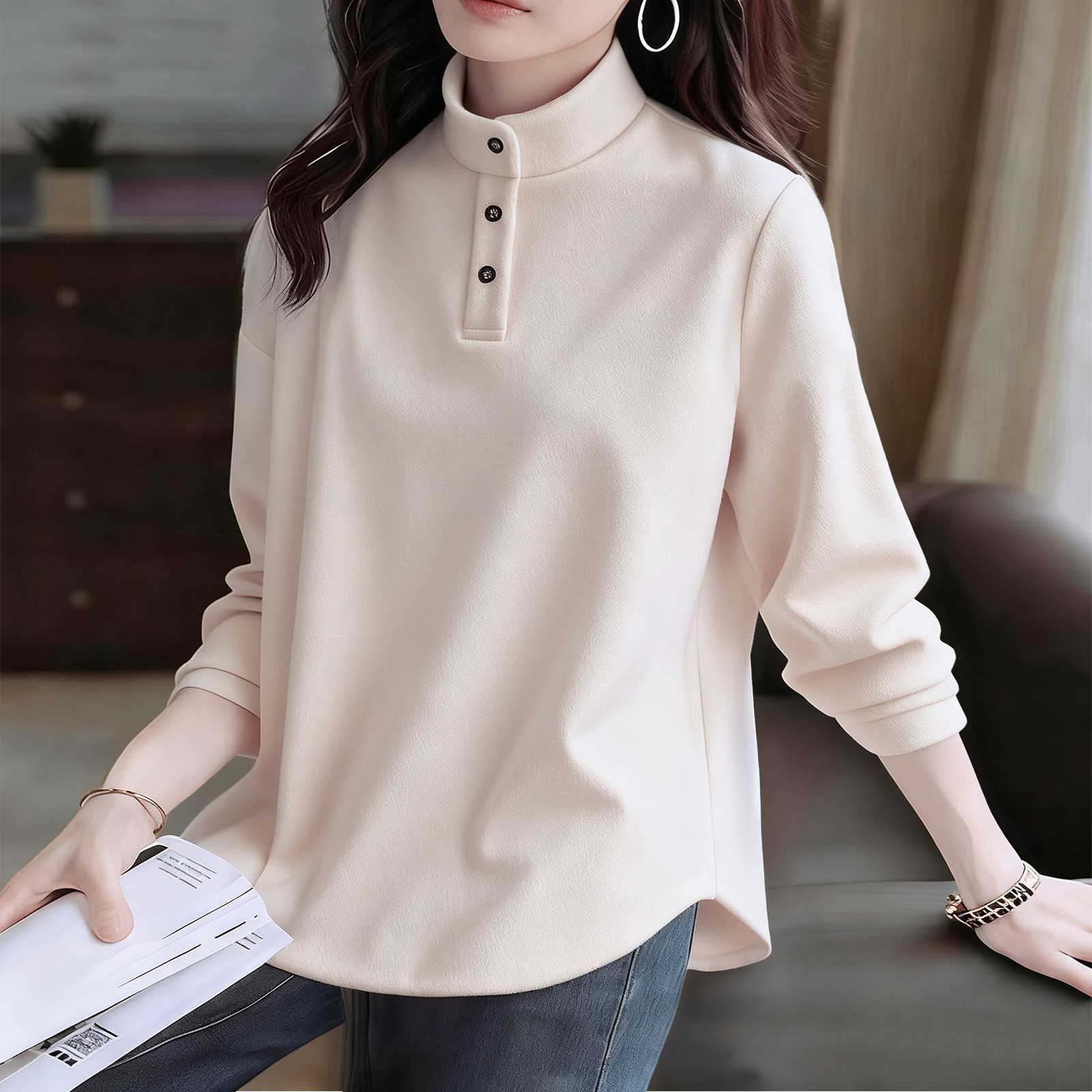 半高领POLO衫女秋冬季加厚德绒胖MM大码显瘦纯色内搭立领打底T恤