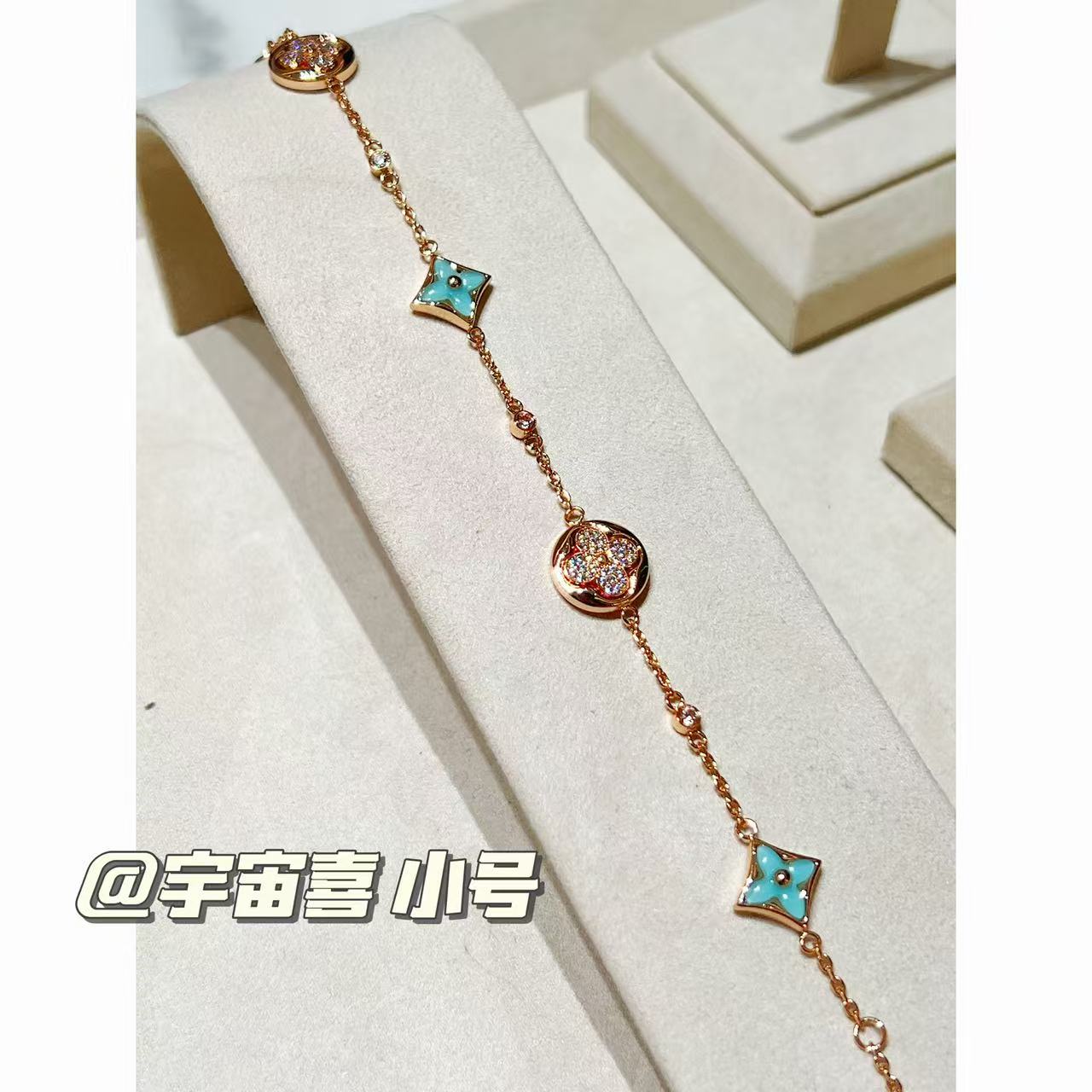 铜合金石英石手链 F3-117【薄荷绿尖花圆花白锆粉金手链】小号