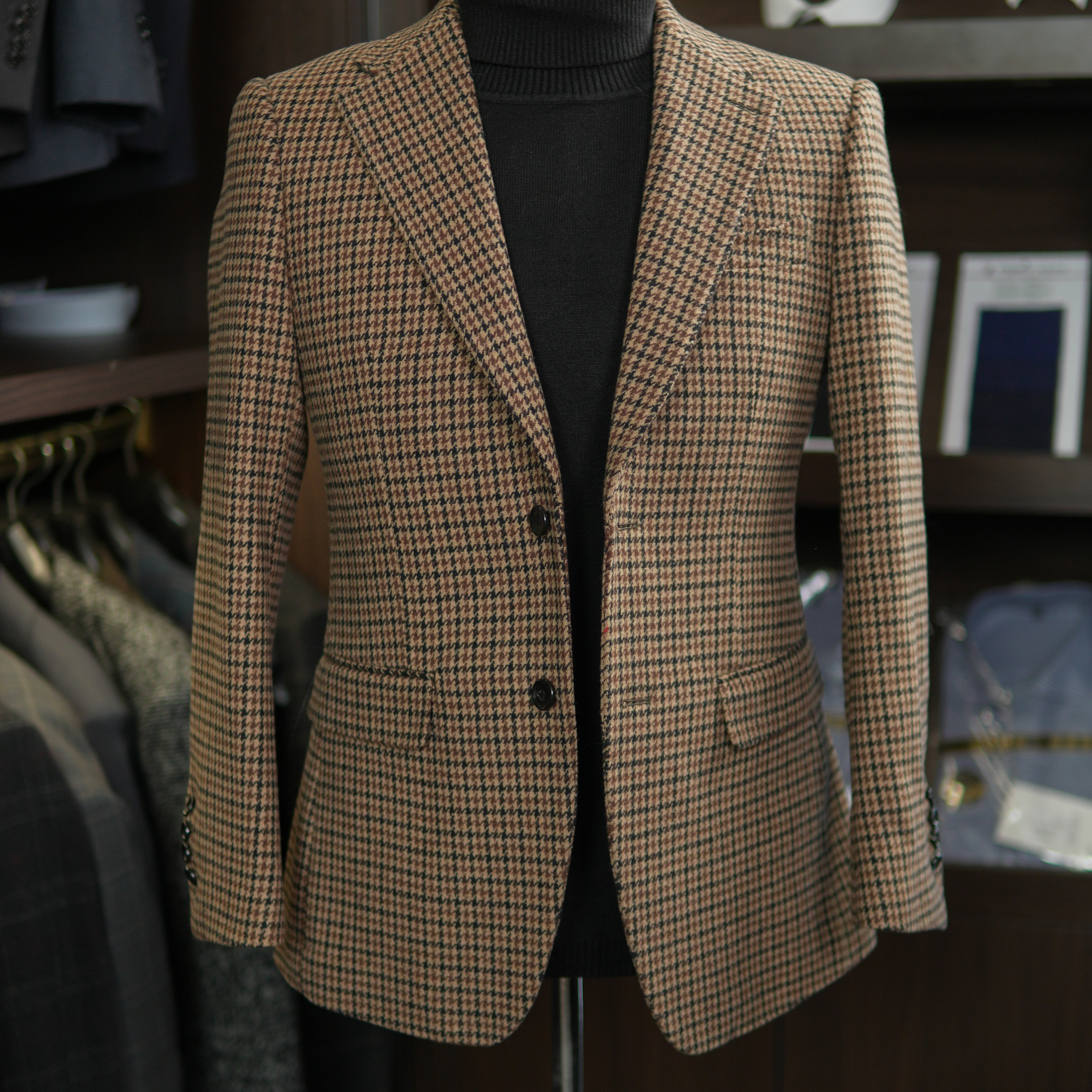 慕斯卡其色千鸟格羊毛秋冬时尚修身休闲西服高定外套西装男士上衣