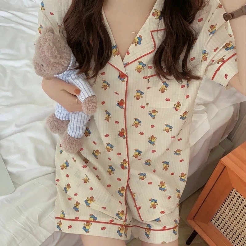 【可爱自嘲熊】短袖云朵棉睡衣女可爱春夏季短袖长裤甜美学生家居服