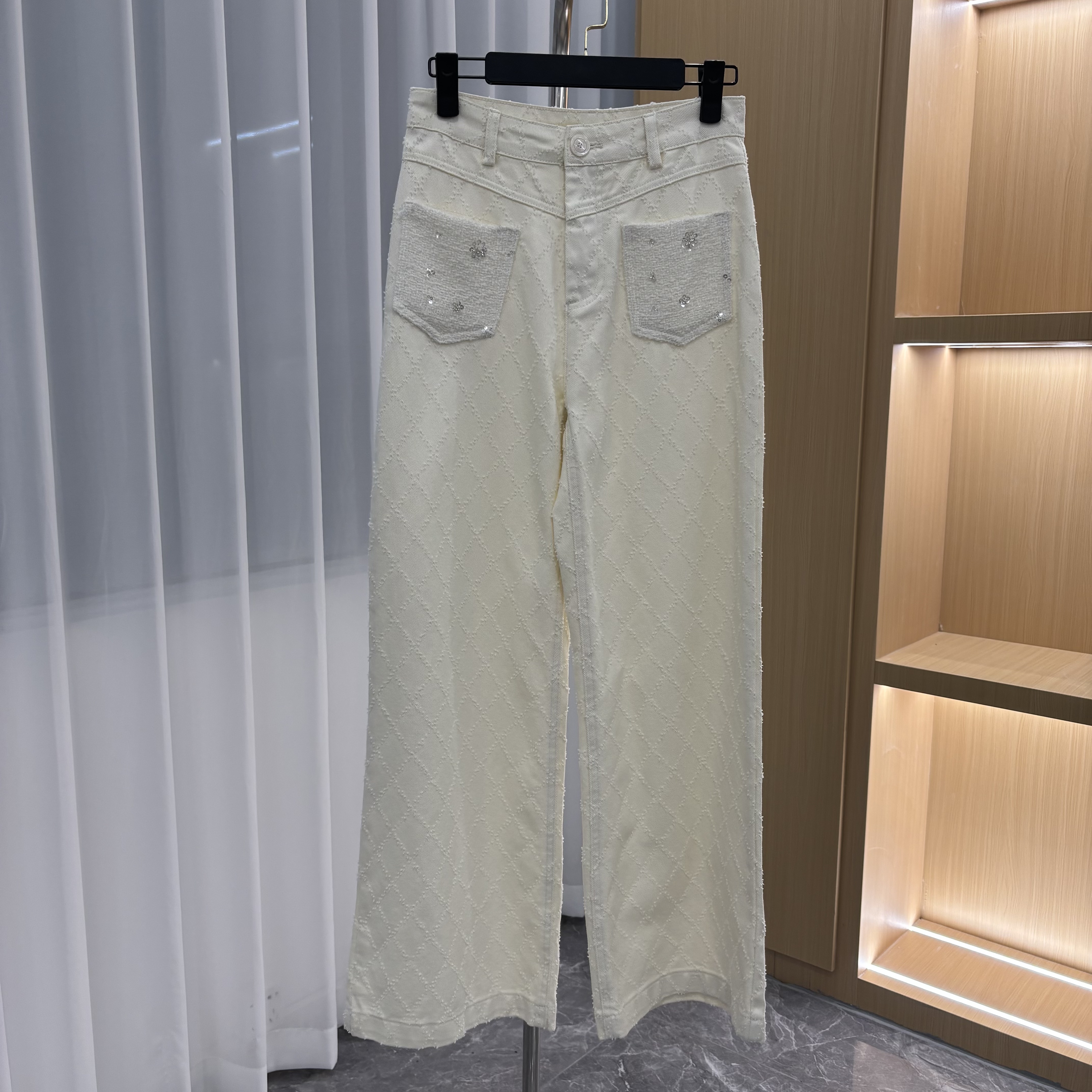 《猪猪出品》气质百搭高级时尚菱格纹设计感修身显瘦直筒阔腿裤604