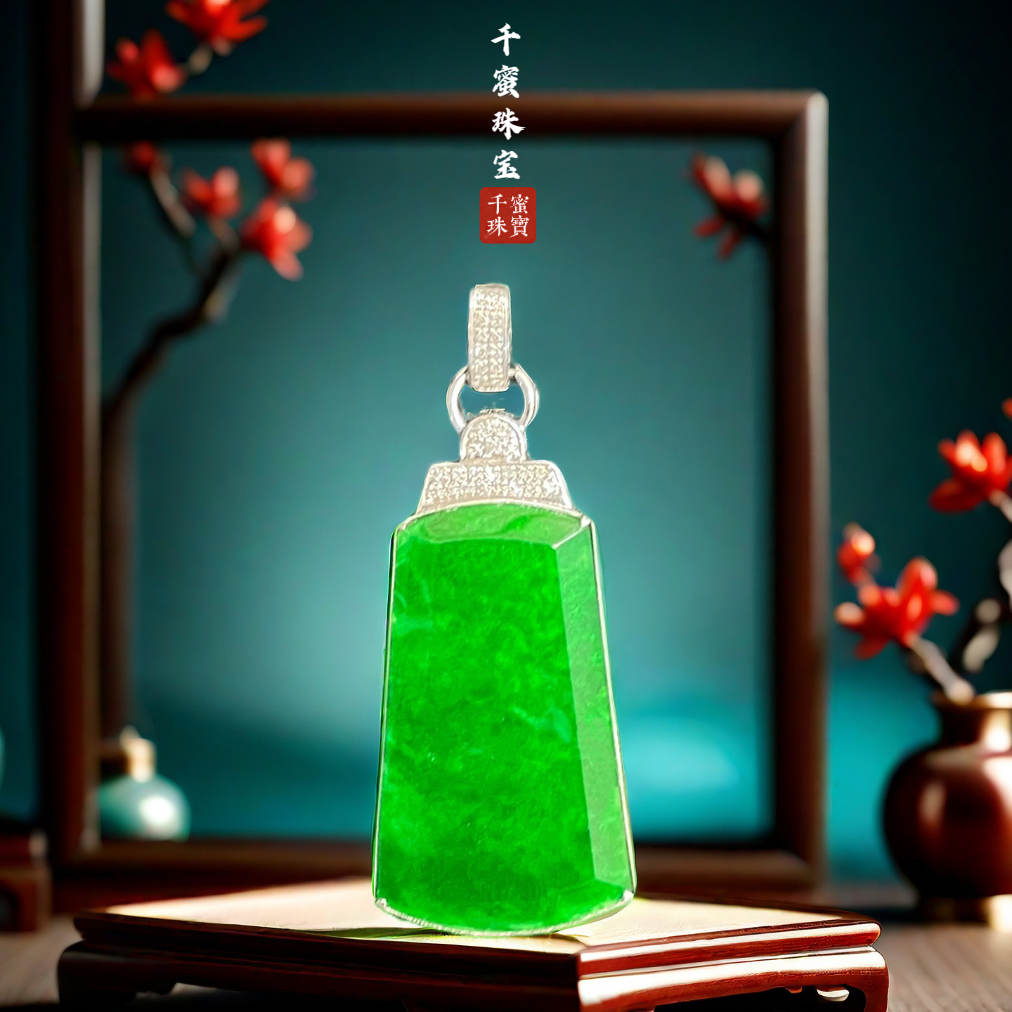 18k天然缅甸A货翡翠白金简约梯方牌8Q5110