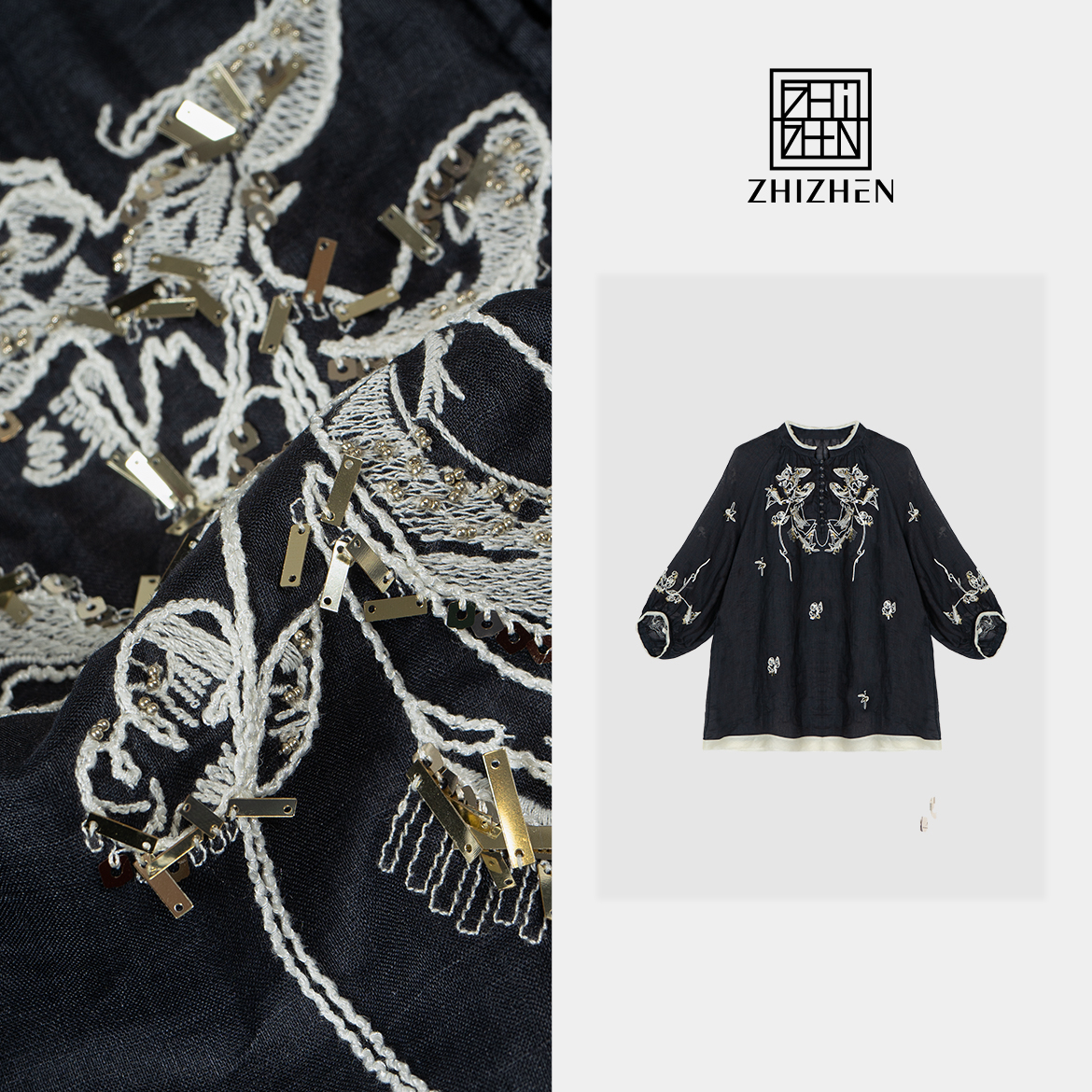 夏季时尚新款钉珠亮片重工刺绣上衣【时刻】