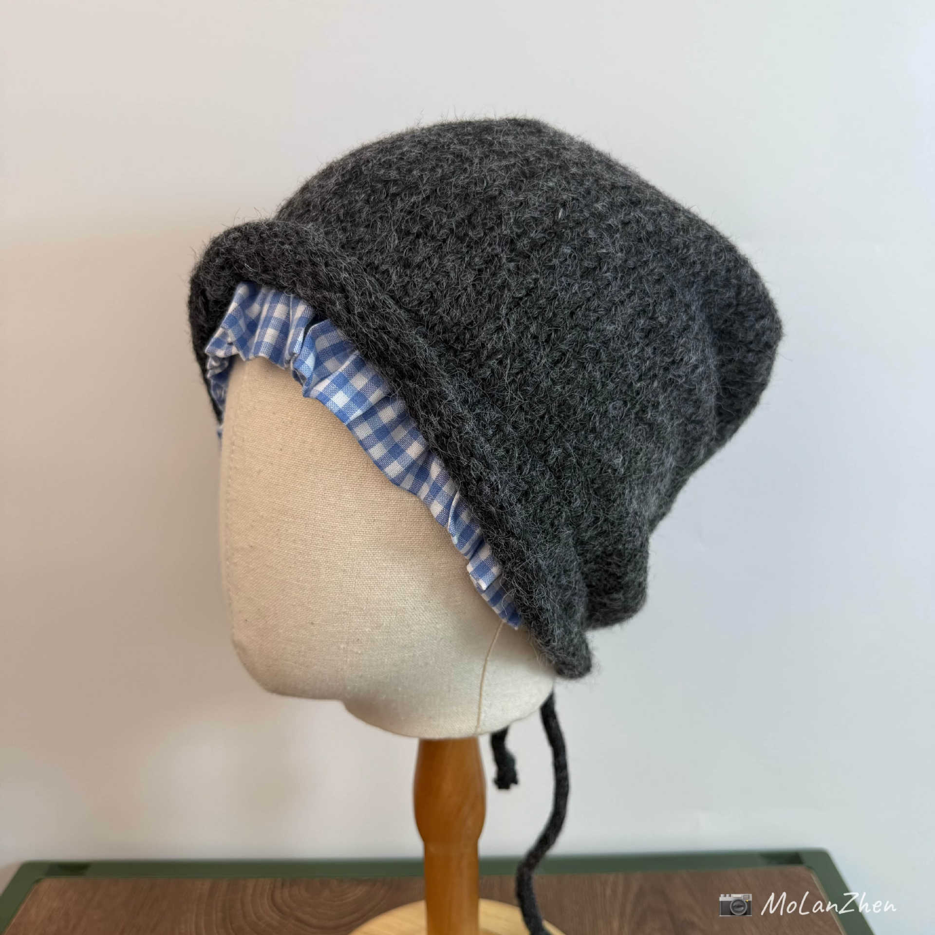 日系蓝色格纹花边灰色针织堆堆帽秋冬季保暖护耳百搭显脸小包头帽