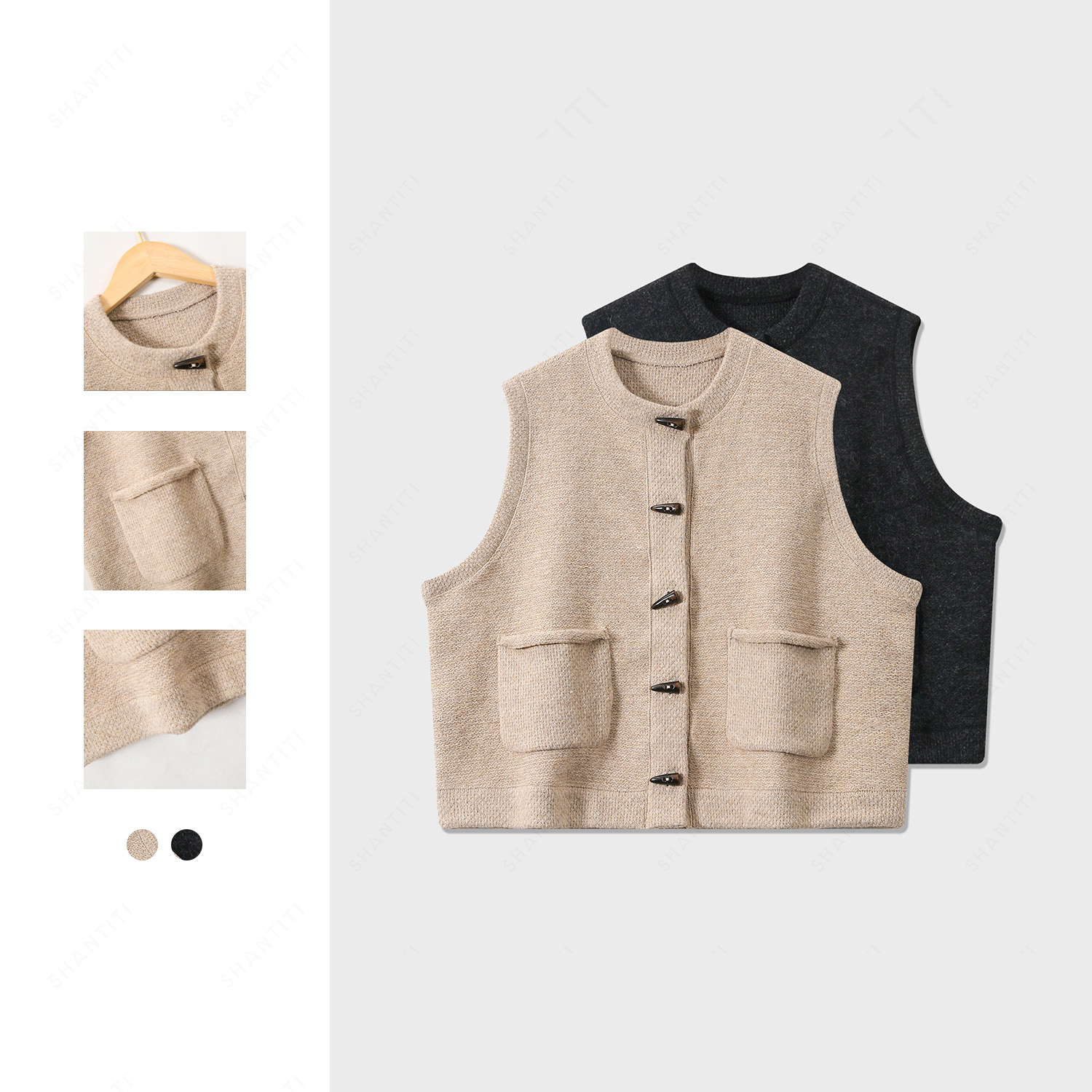 『牛角扣复古马甲』法式毛衣针织开衫女秋冬坎肩 百搭无袖加厚马甲