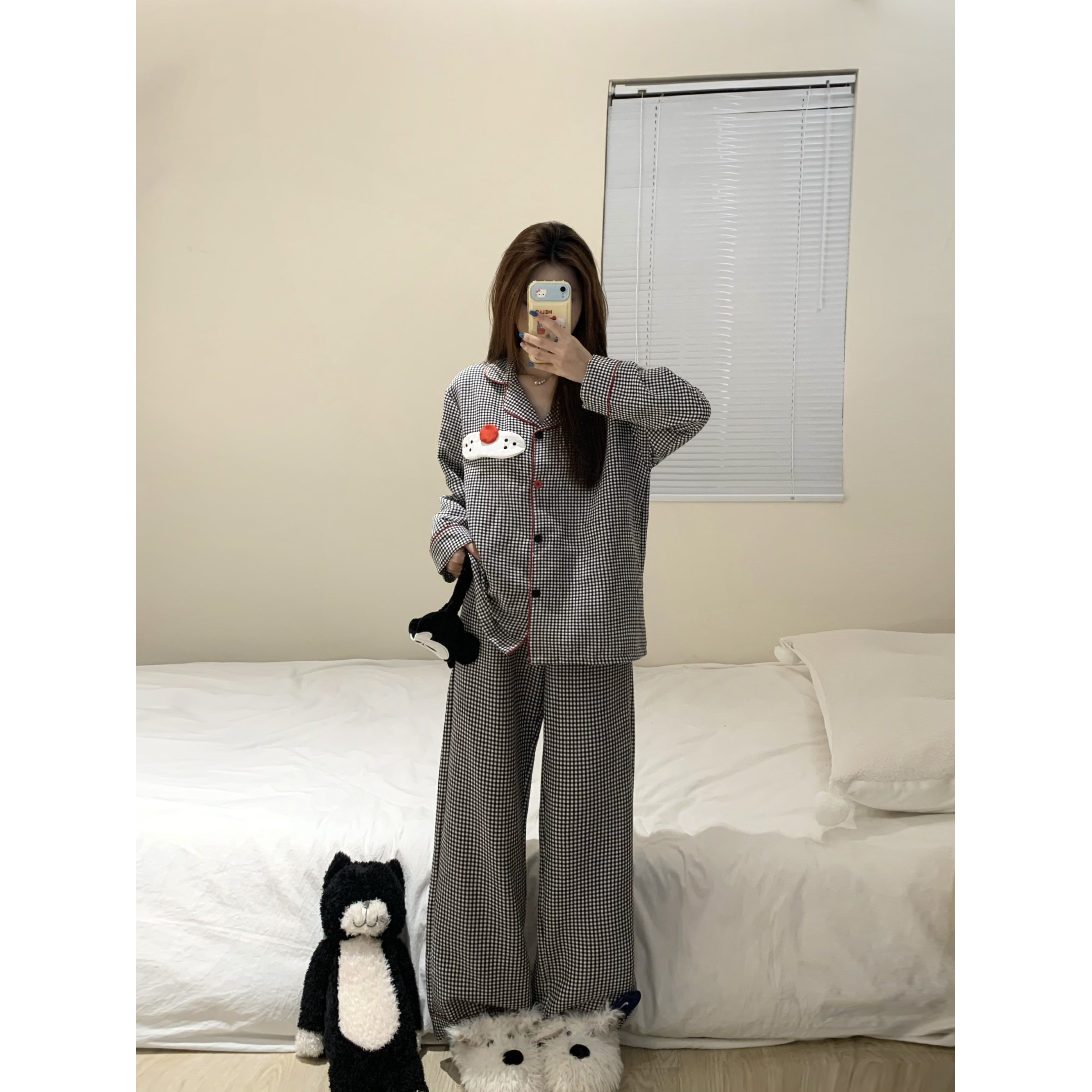 甜美简约慵懒高级感长袖睡衣女春秋款2025新款格子长裤居家服套装