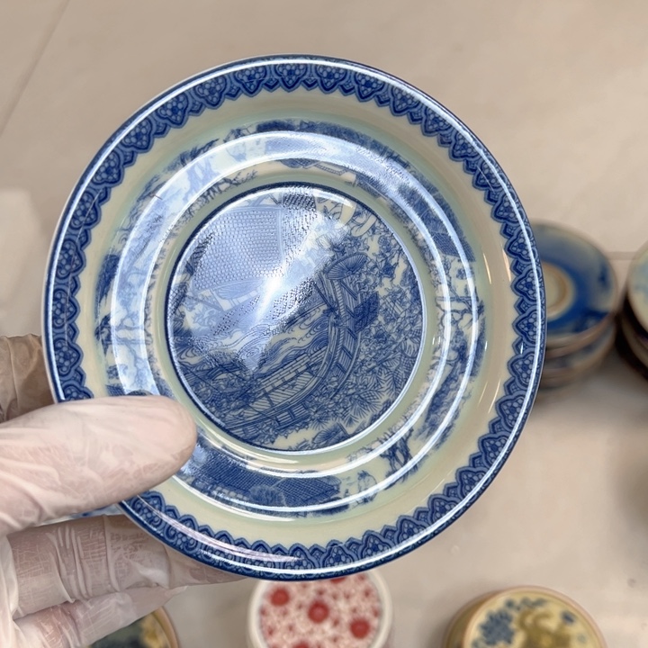 瓷片白青花清明上河图平足壶承