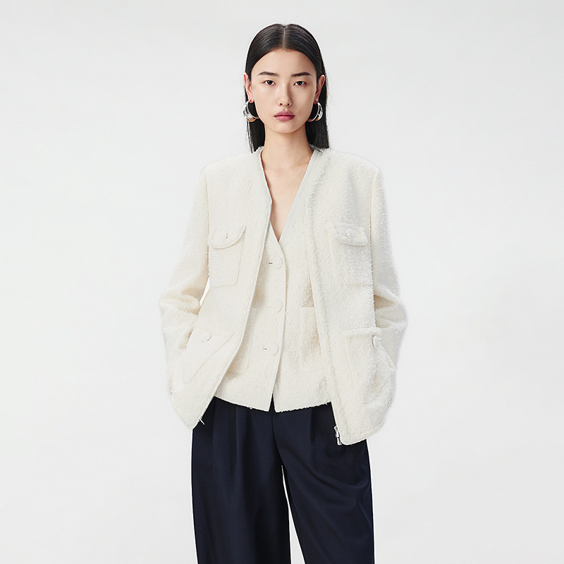 LANCY/朗姿2025冬新款法式小香风粗花呢拉链短外套女白色V领上衣L