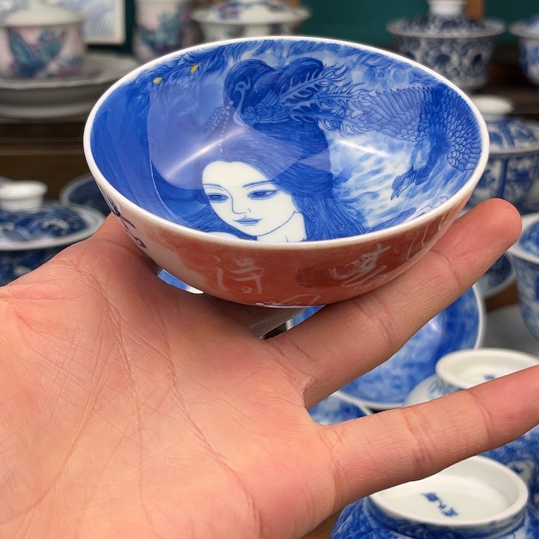 瓷片陶月楼凤女杯子