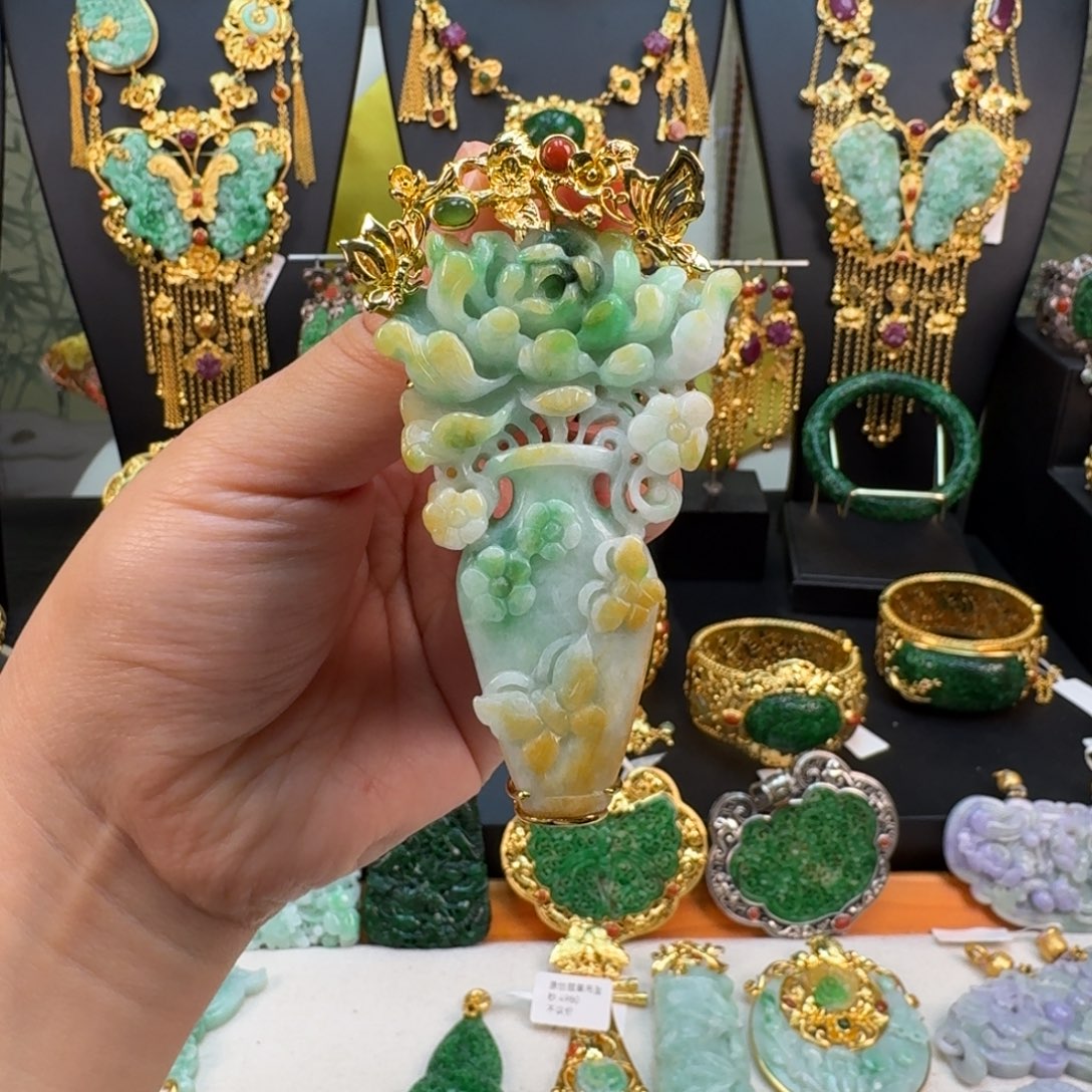 翡翠银S925镀金镶嵌颈饰吊坠 炸价