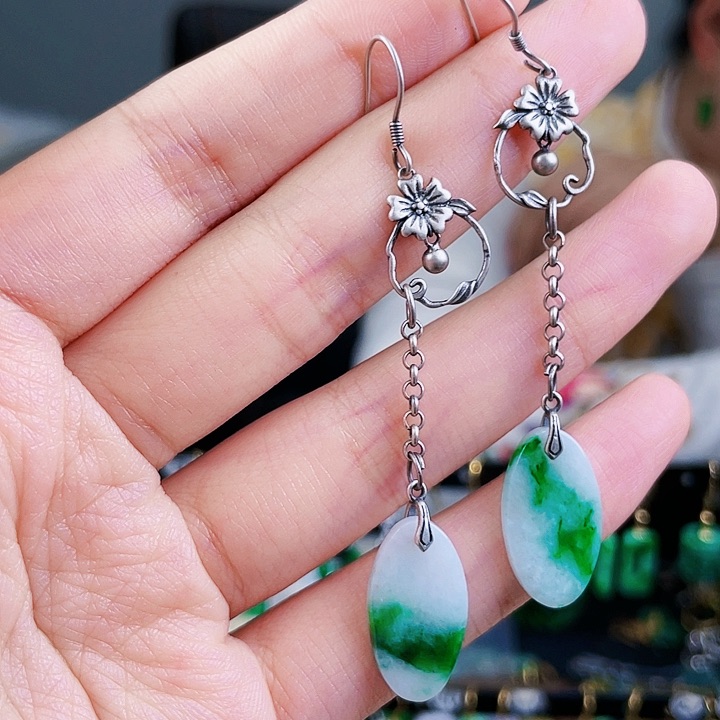 翡翠耳饰银S925镶嵌饰品