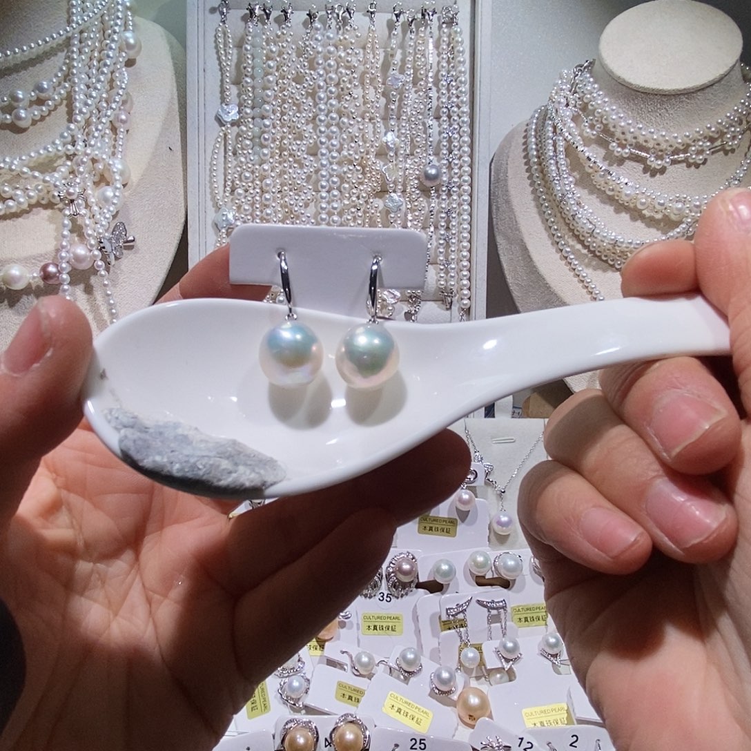 银S925镶嵌手绳淡水珍珠极光炫彩耳勾13+