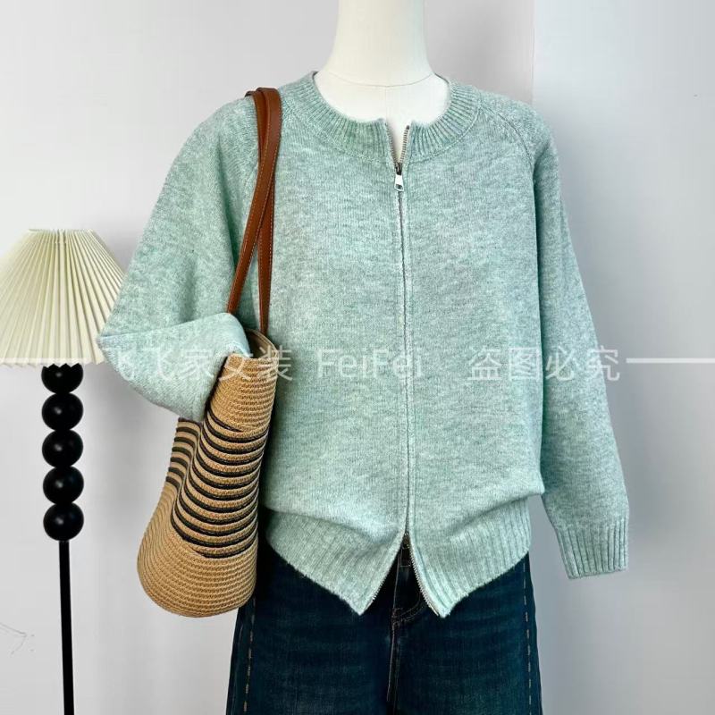 飞飞家1薄荷绿显白！！韩系独特慵懒感双拉链外套#毛衣女Y9247绿