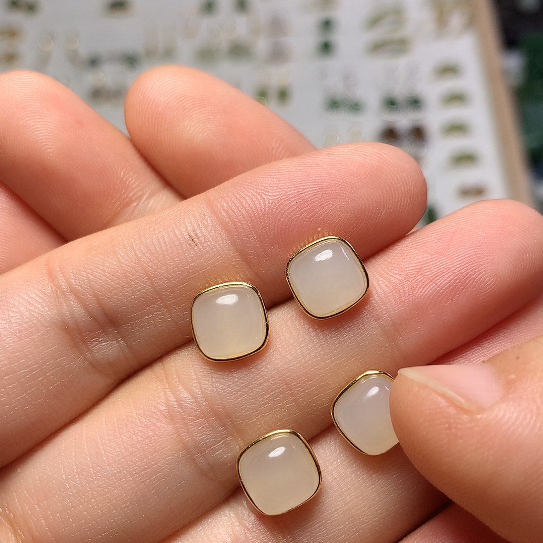 银S925镀金镶嵌和田玉（白玉）耳饰